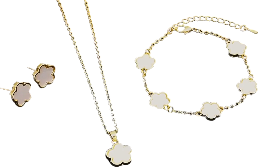 White/Gold 3 Piece Clover Bracelet/necklace/earrings Set