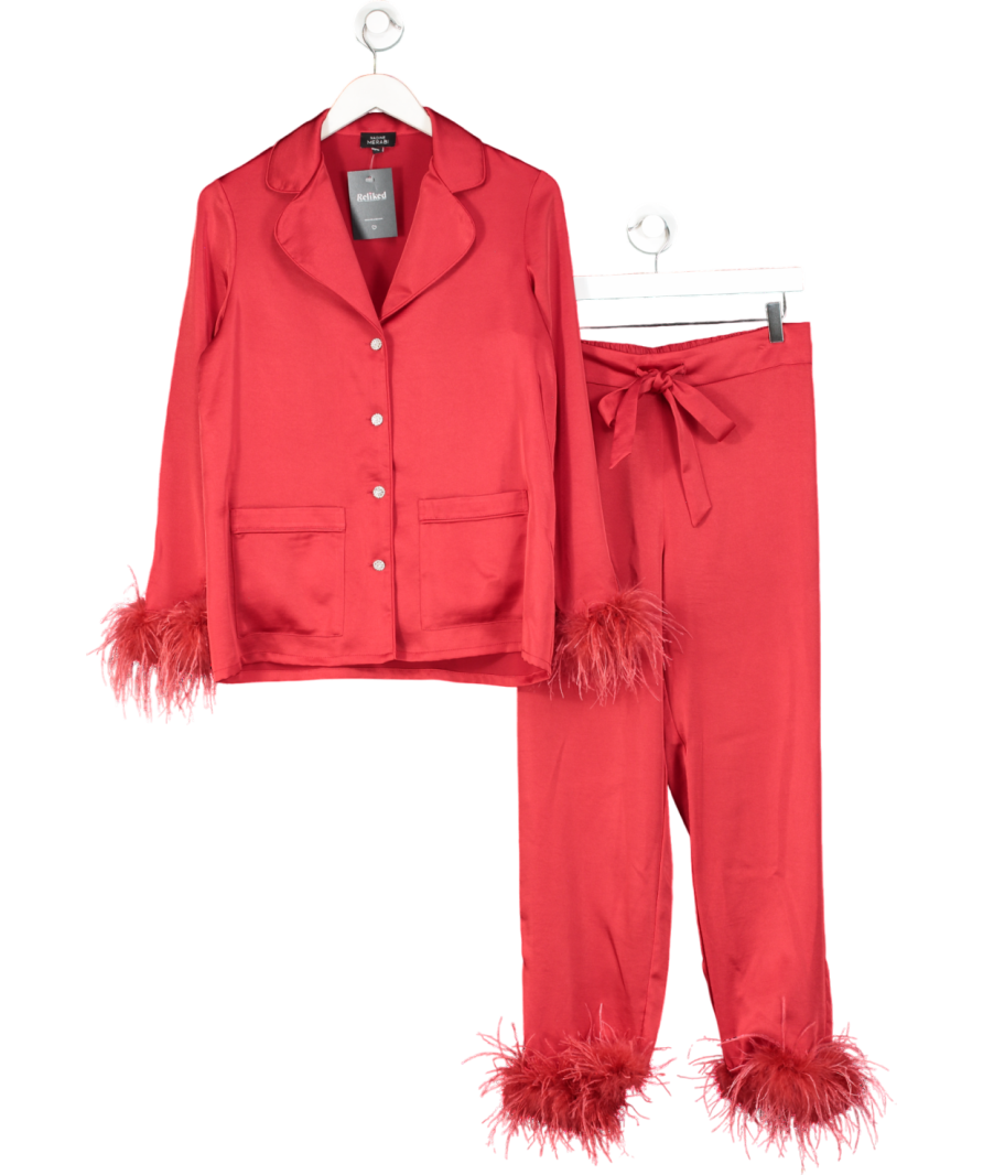 Nadine Merabi Red Satin Darcie Pyjama Set With Diamante Buttons And Feather Trim UK S