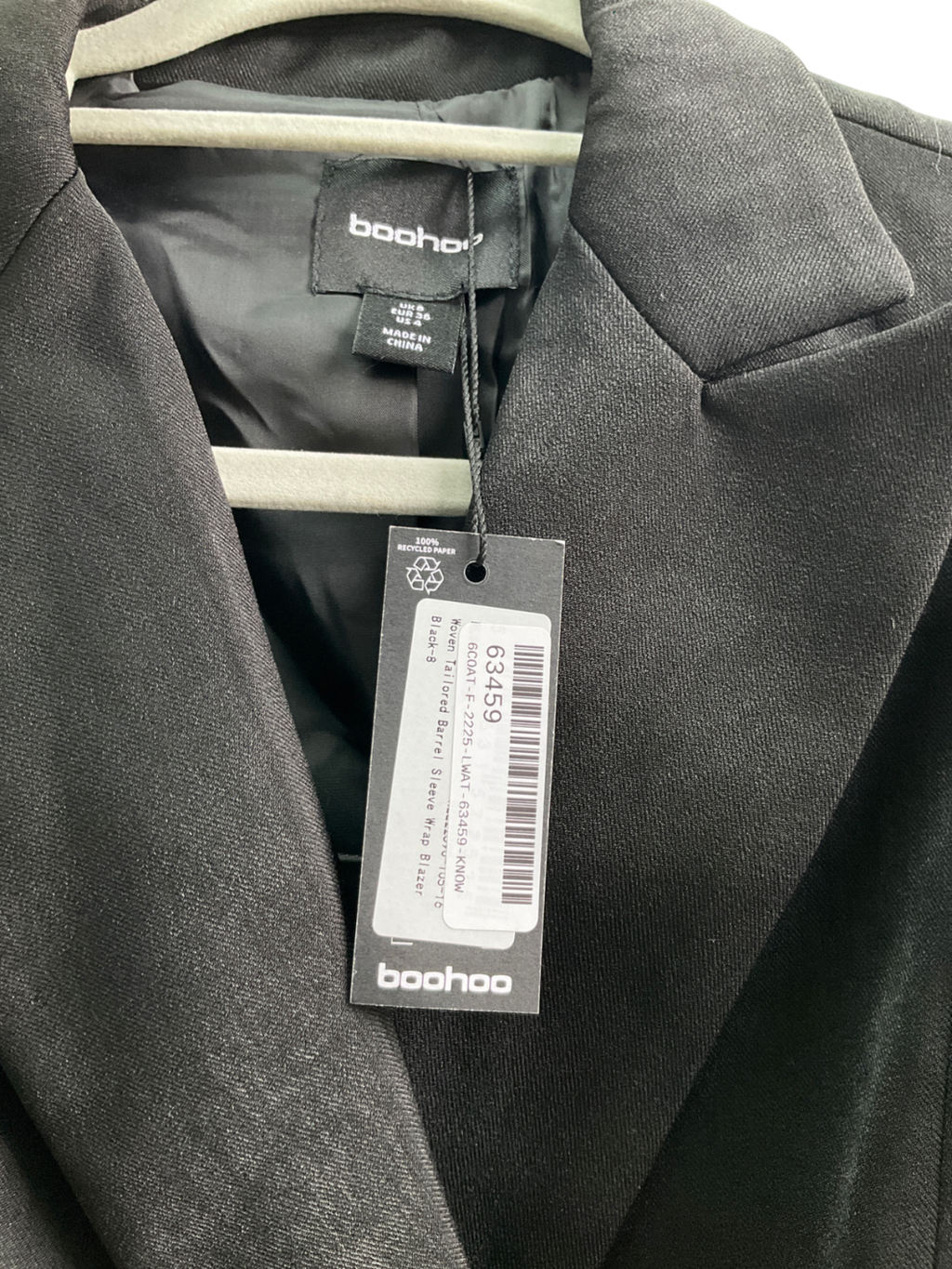 boohoo Black Woven Tailored Barrel Sleeve Wrap Blazer UK 8