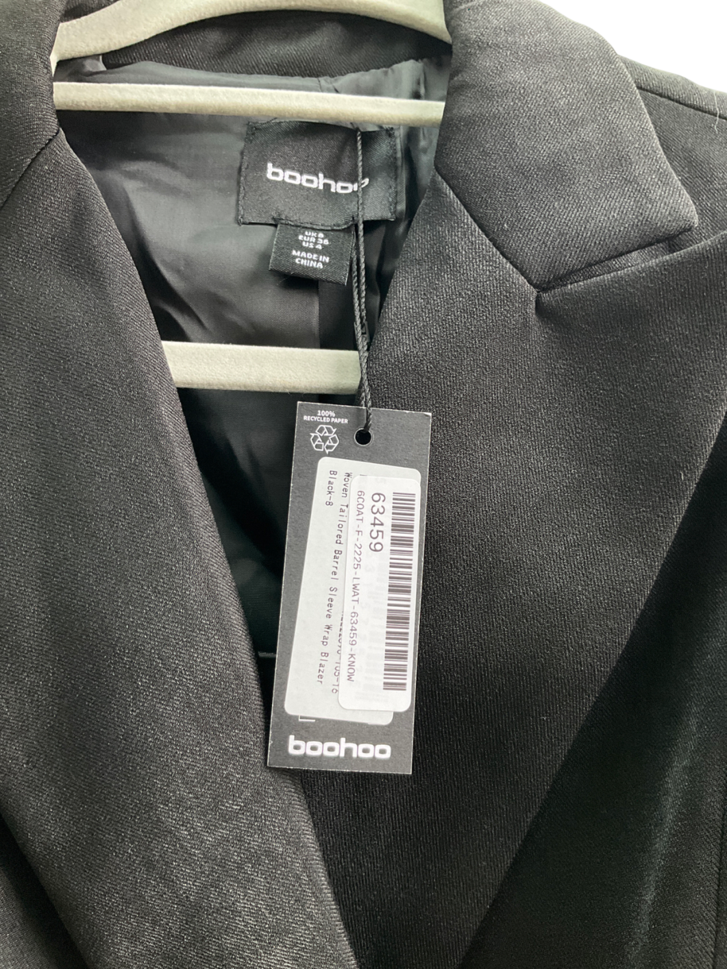 boohoo Black Woven Tailored Barrel Sleeve Wrap Blazer UK 8