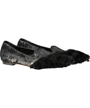 JF London Black Sequin Fur Flat Pumps UK 6 EU 39