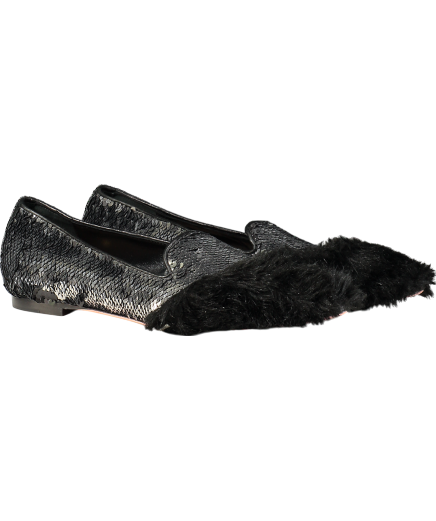 JF London Black Sequin Fur Flat Pumps UK 6 EU 39 👠