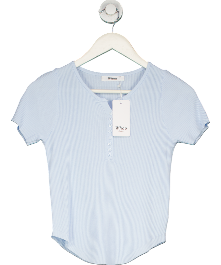 Whoo Blue Ribbed Half Button Top UK S