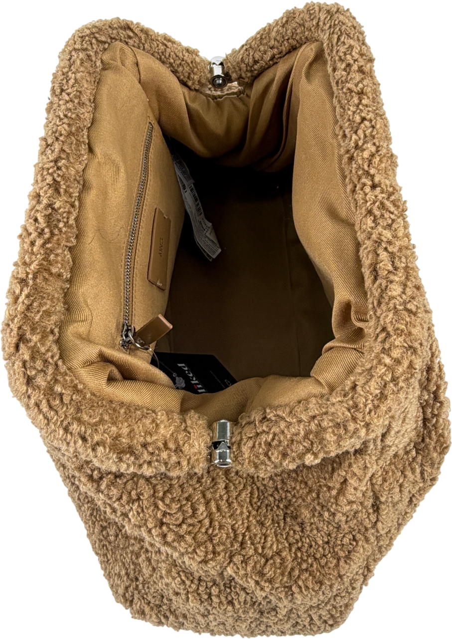MANGO Brown Teddy Clutch Bag Oversized Caramel Sherpa Fleece Pouch