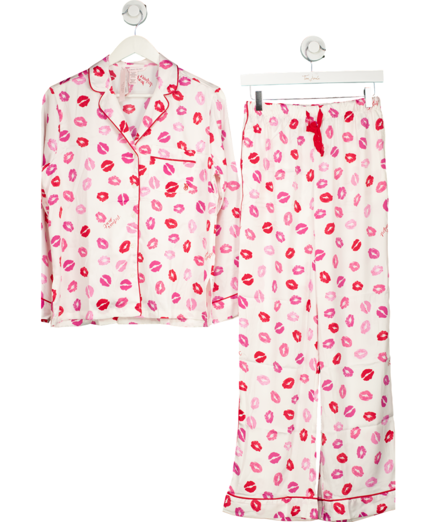 Victoria's Secret White Coconut White/ Lipstick Pink Kisses Satin Long Pyjama Set UK XS