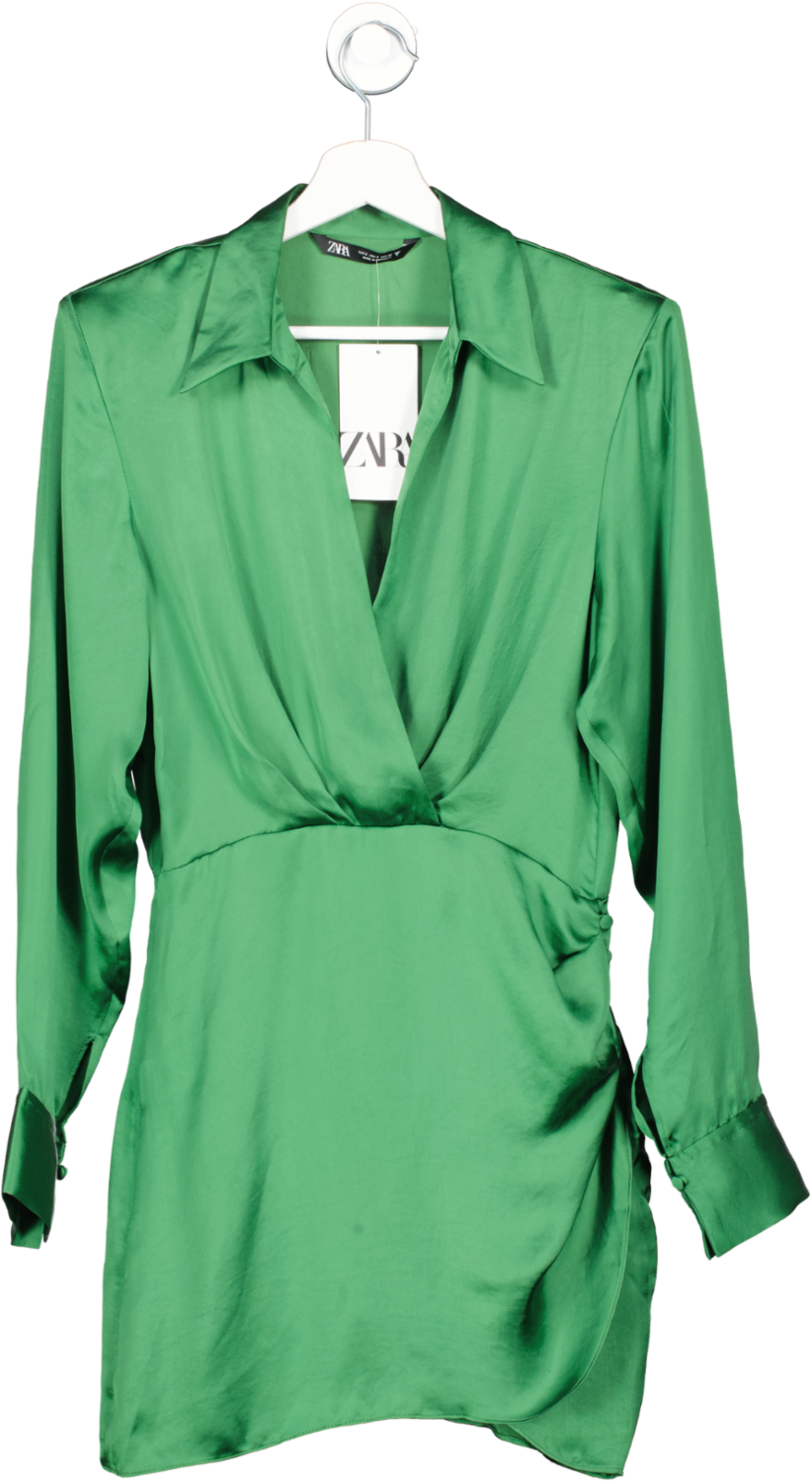 ZARA Green Satin Wrap Effect Mini Dress BNWT UK XS