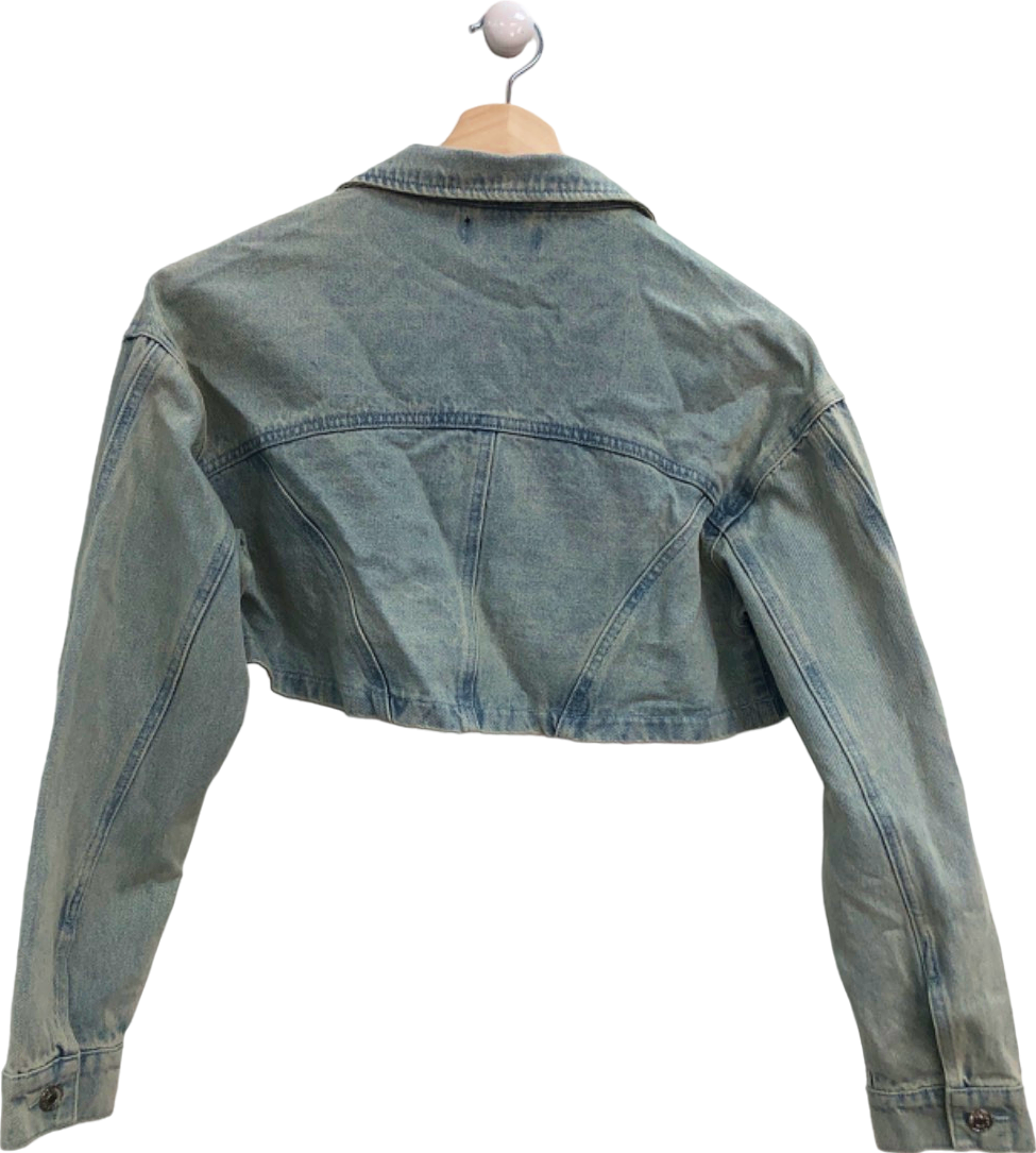 White Fox Light Blue Denim Crop Jacket UK 8