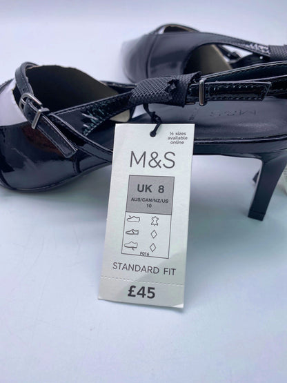 M&S Black Patent Pointed Slingback Heels UK 8