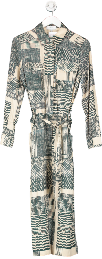 REISS Beige Viscose Belted Maxi Dress With Abstract Print UK 10