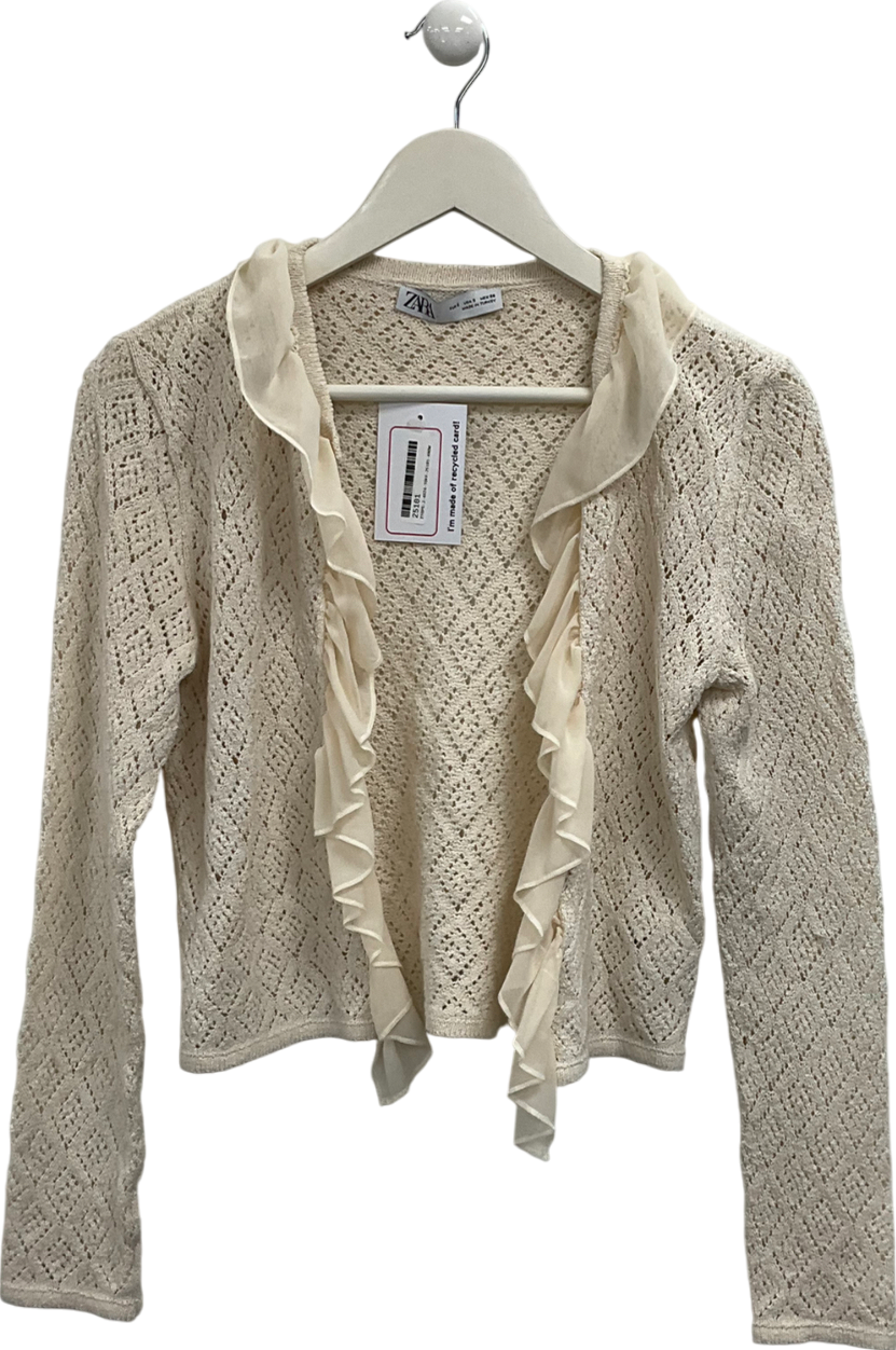 ZARA Beige Soft Ruffle Crochet Cardigan UK S
