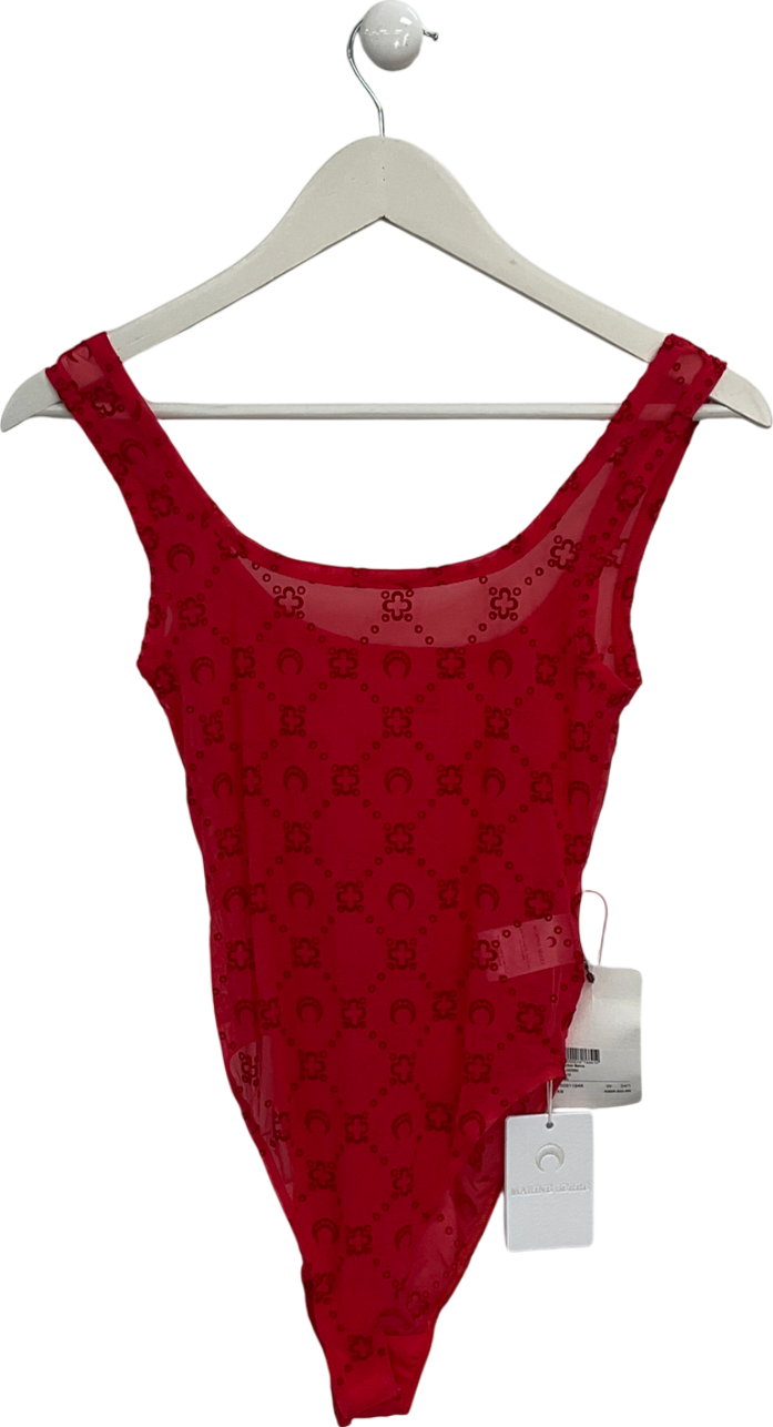 MARINE SERRE Red Moonogram embroidered mesh bodysuit UK XS