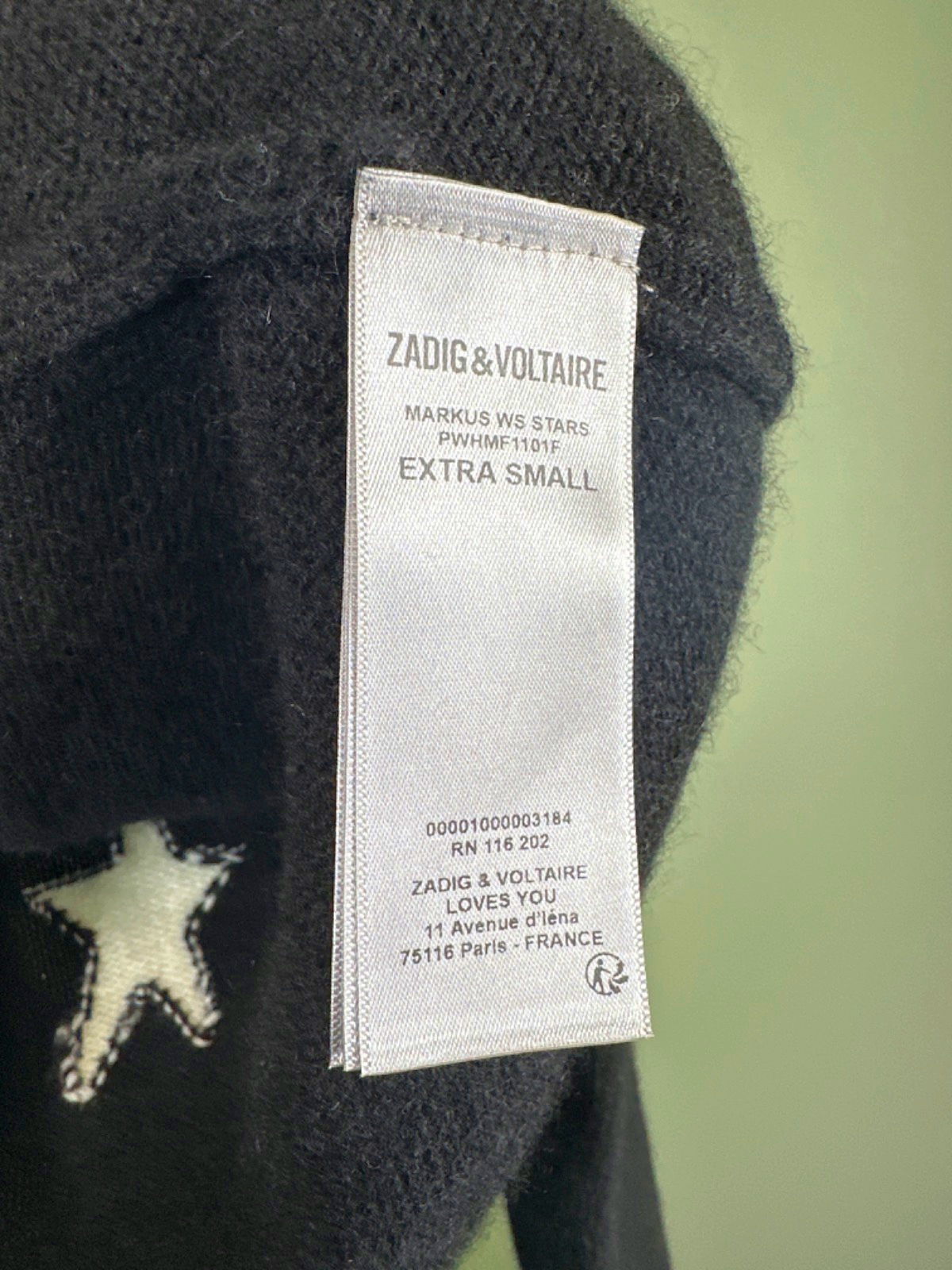 Zadig & Voltaire Black 100% Cashmere 'Markus WS Stars' Jumper SIZE Extra Small
