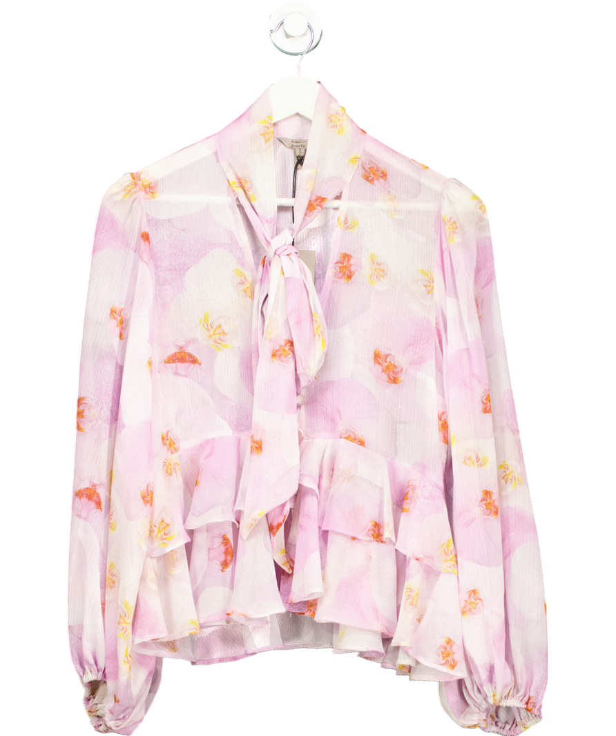 River Island Purple Sheer Floral Ruffle Bow Blouse UK 6