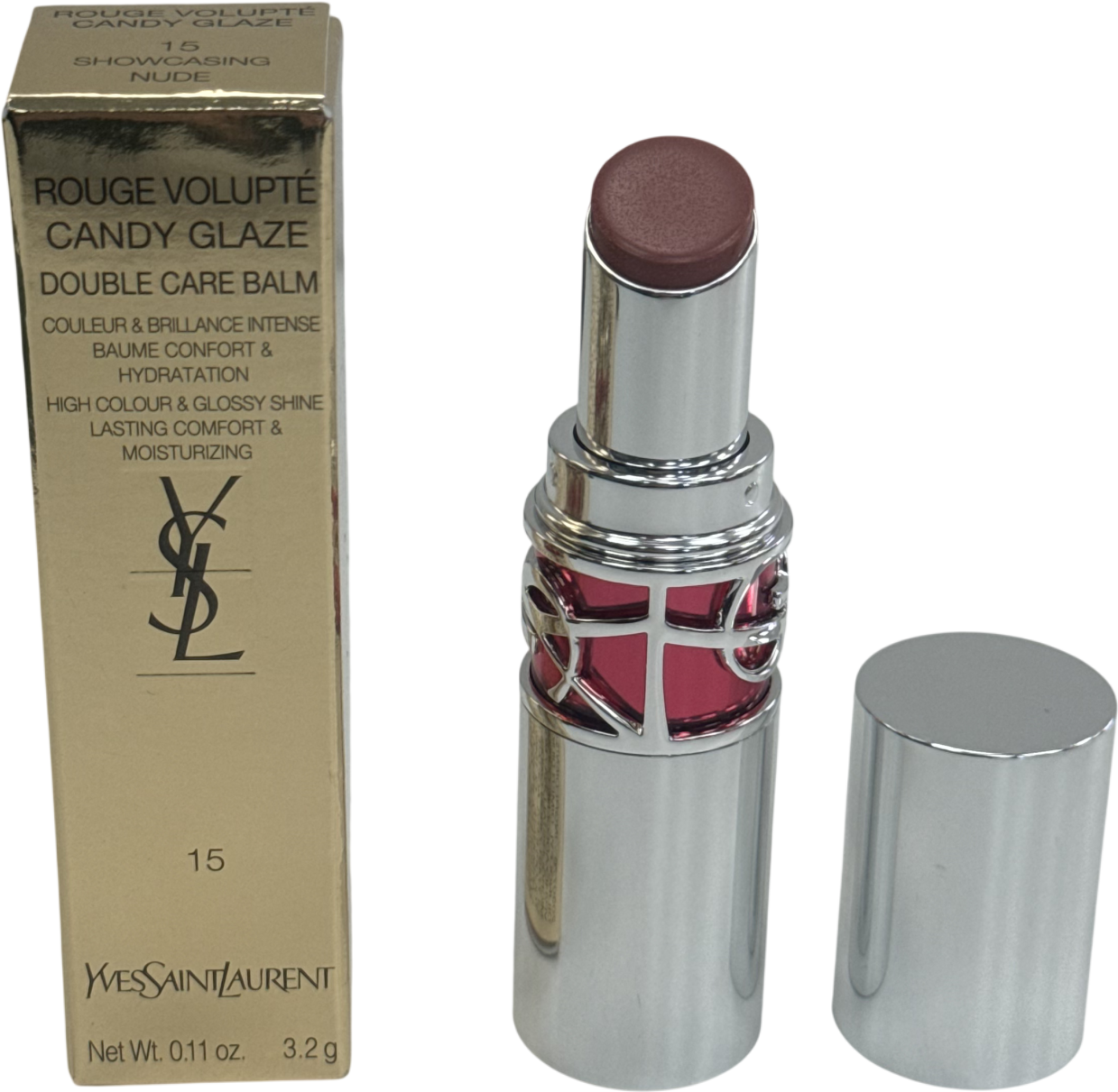 YSL Rouge Volupté Candy Glaze Lipstick 15 Showcasing Nude 3.2g