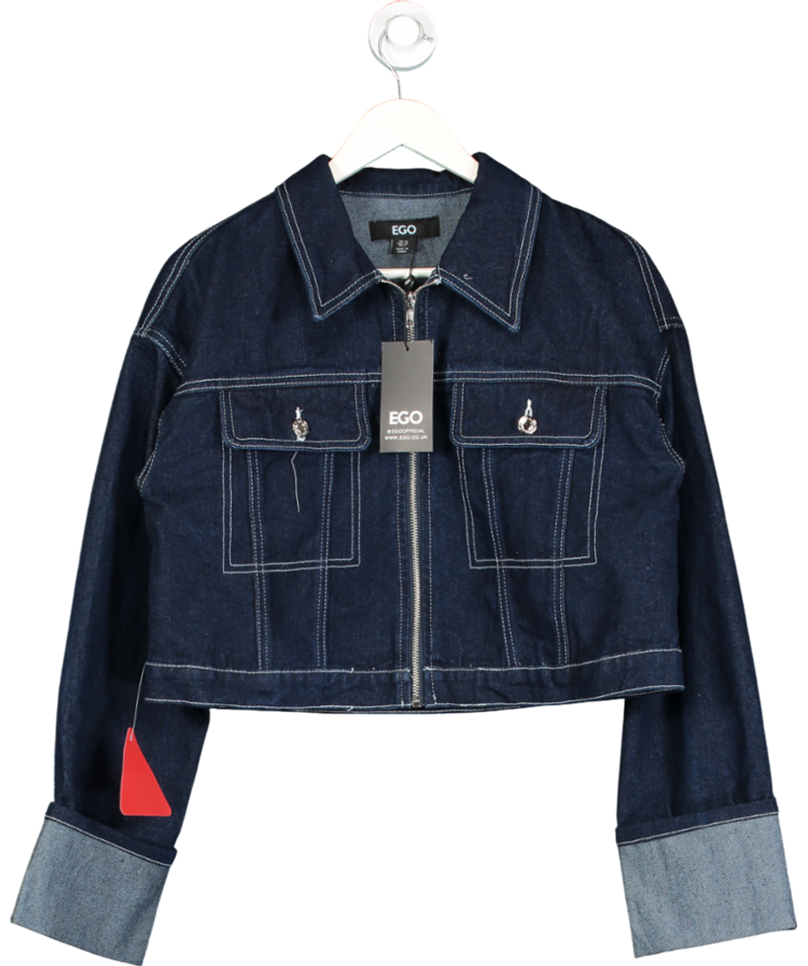 Ego Blue Long Cuffed Sleeve Zip Up Front Cropped Jacket UK 10