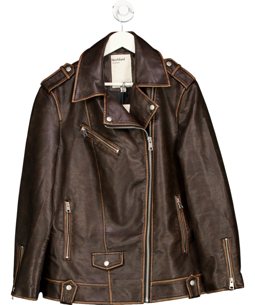 River Island Brown Faux Leather Oversized Biker Jacket UK 10