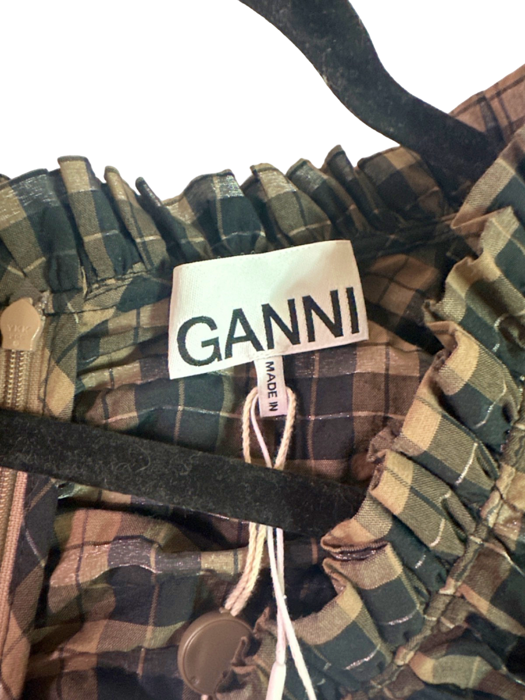 Ganni Brown /Black Ruffled Ruched Checked Seersucker Mini Dress  UK 14