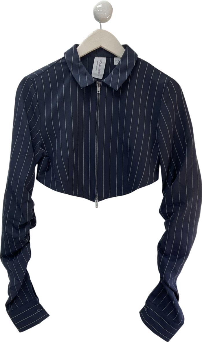 Collusion Blue Cropped Shirt In Navy Pinstripe UK 10