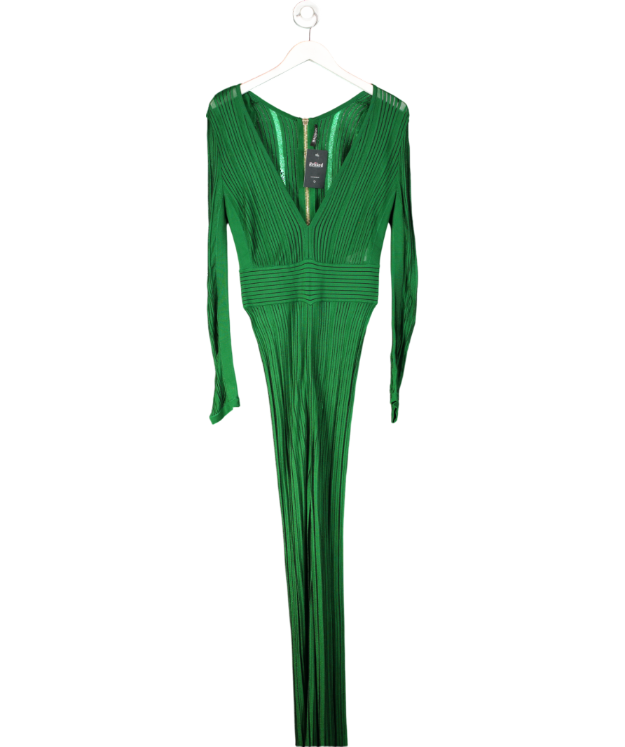 Balmain Green Ribbed Plunge Jumpsuit UK 10