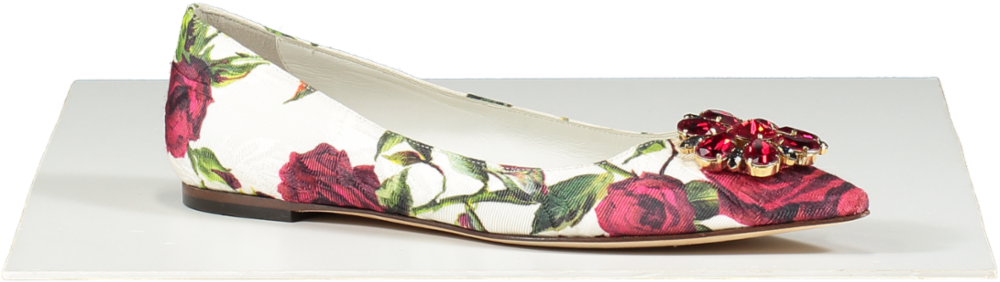 Dolce & Gabbana White Jacquard Rose Print Bellucci Ballet Flats UK 5 EU 38 👠