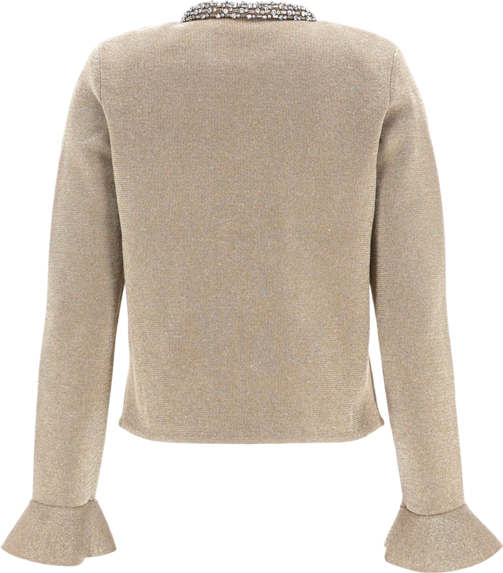 SELF PORTRAIT Metallic Gold Crystal Trim Cotton Blend Embellished Cardigan UK XS