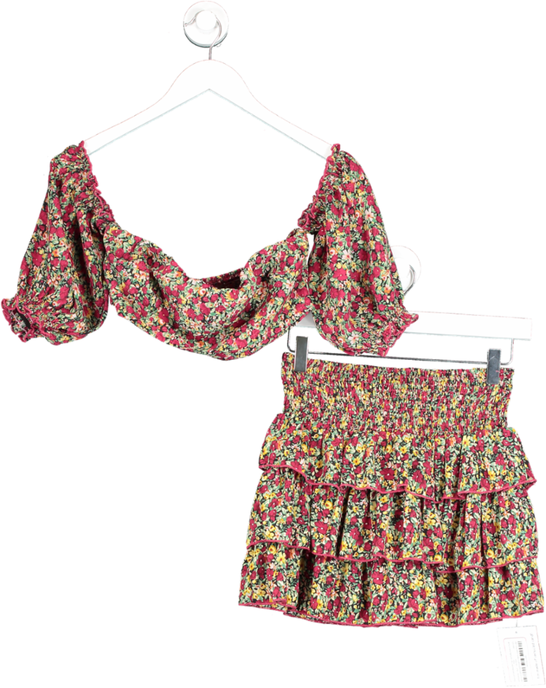 Red Cropped Cold Shoulder Top And Ruffle Skirt In Floral Print UK XS/S
