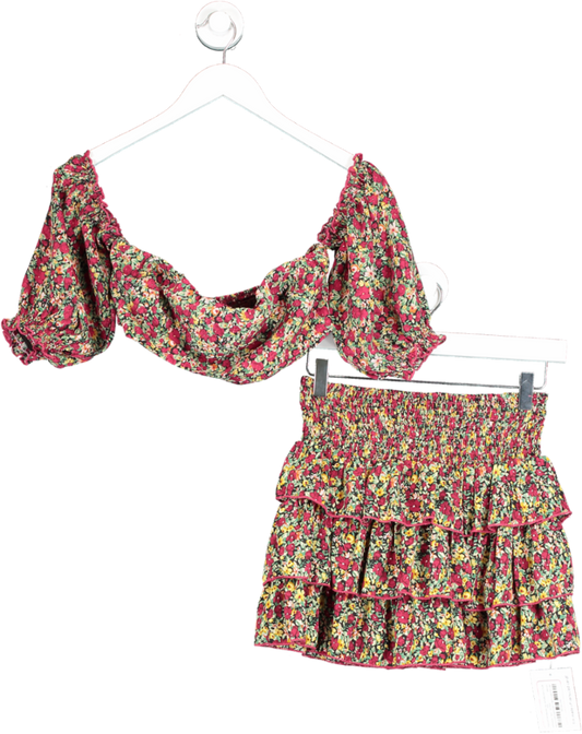 Red Cropped Cold Shoulder Top And Ruffle Skirt In Floral Print UK XS/S