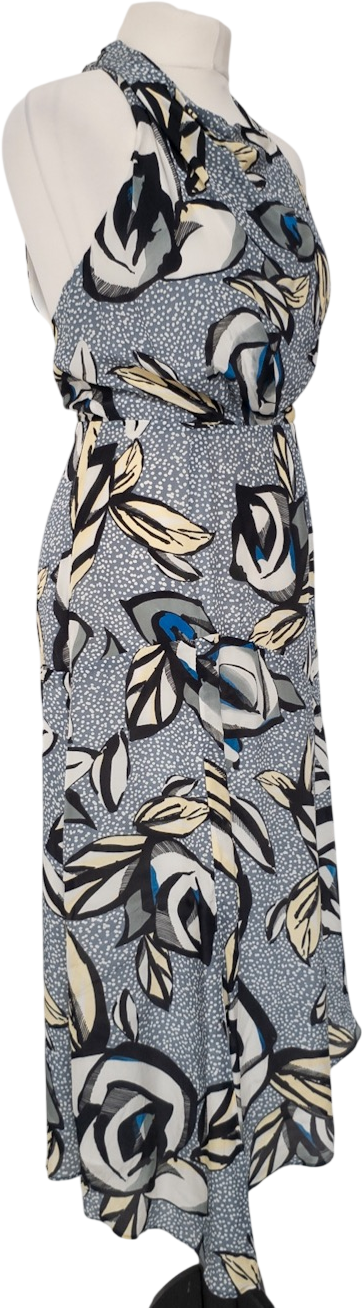 REISS Grey / Blue Rose Floral Printed Midi Dress UK 8