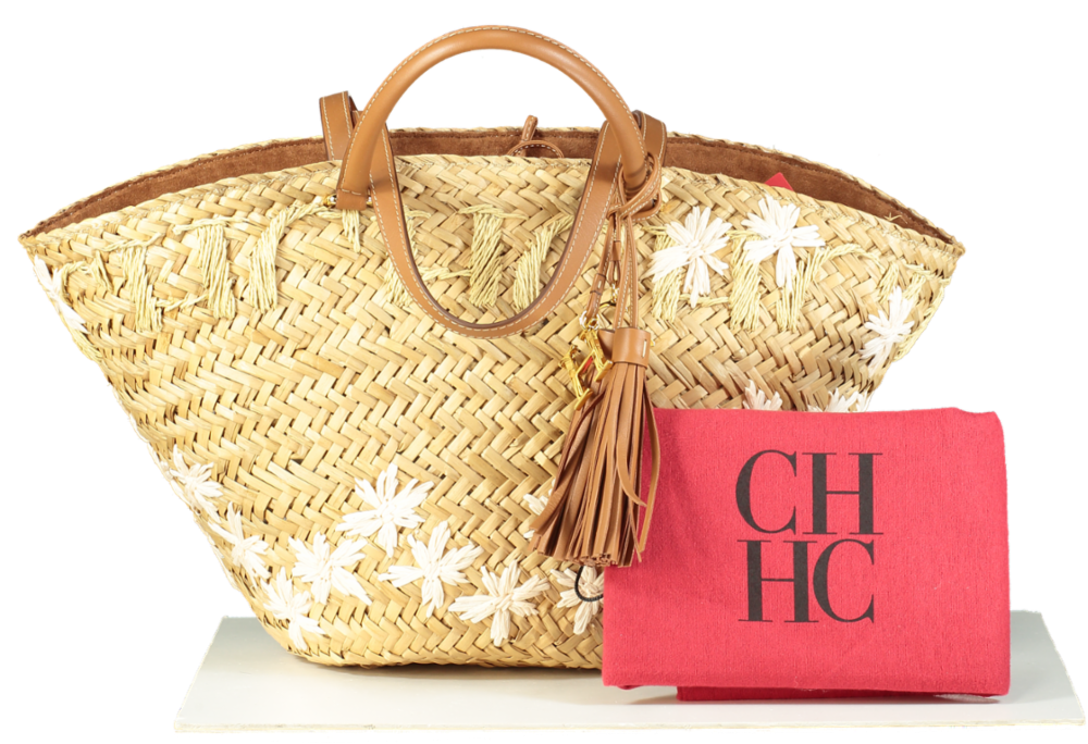 Carolina Herrera Capazo CHHC Beige Straw & Tan Leather Beach Tote Basket Bag