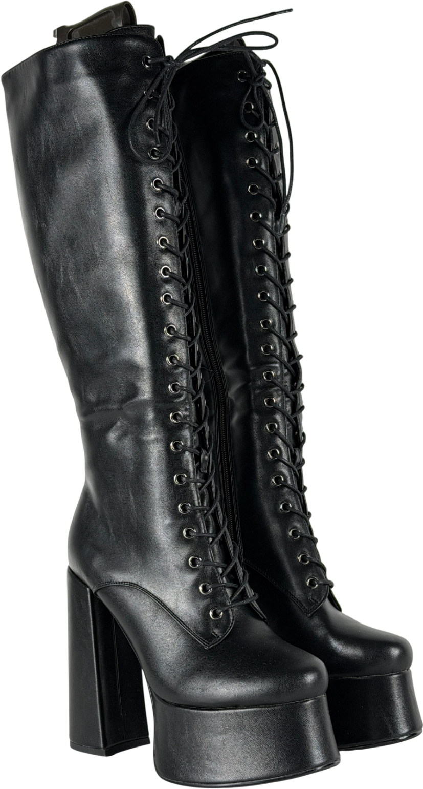 Perisis Black Chunky Heel Platform Knee High Lace Up Boots UK 5 EU 38 👠
