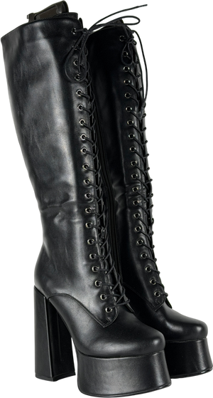 Perisis Black Chunky Heel Platform Knee High Lace Up Boots UK 5 EU 38