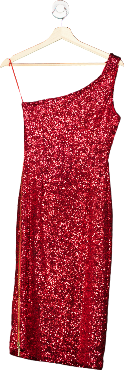 The Pretty Dress Company Red Sequin One-Shoulder Midi Dress Size UK 10