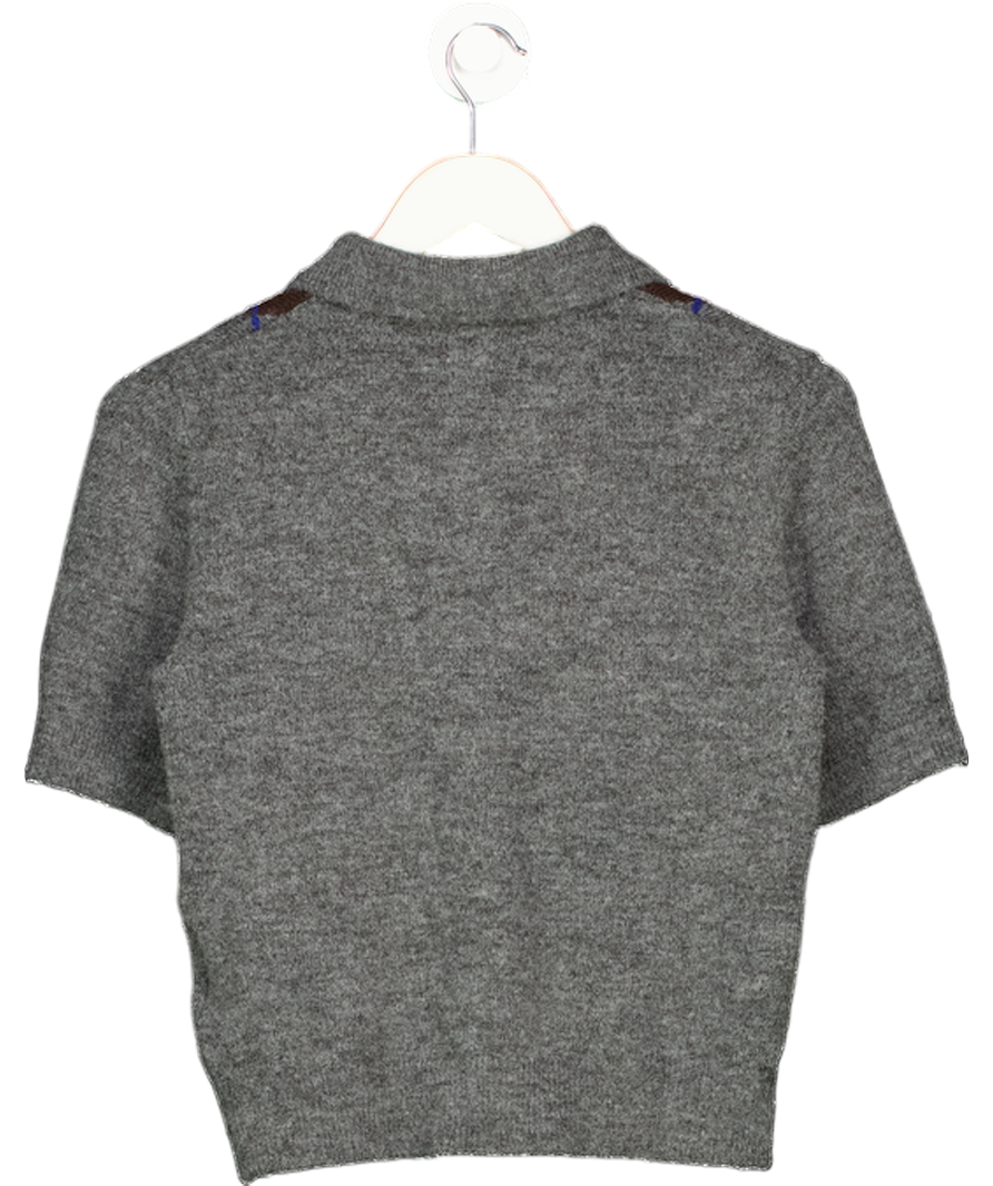 H&M Grey Dark Grey/ Chocolate Argyle Short Sleeve Knit UK XS