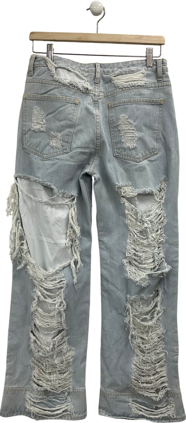 PrettyLittleThing Light Blue Wash Extreme Distress Wide Leg Jeans UK 10