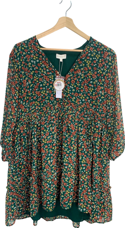Apricot Green Floral Ruched Neck Dress UK 14