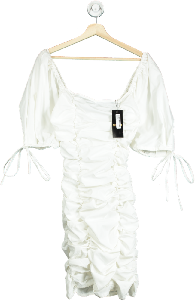 Misspap White Ruched Puff Sleeve Square Neck Dress UK 8