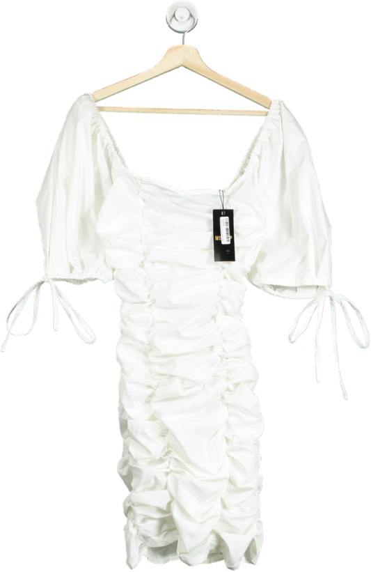 Misspap White Ruched Puff Sleeve Square Neck Dress UK 8