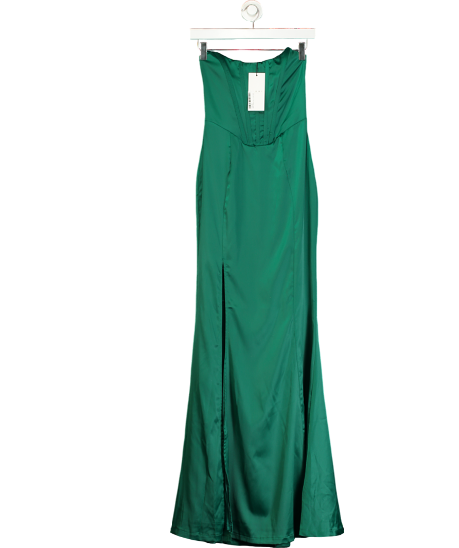 Club L Bottle Green Satin Strapless Corset Thigh Split Fishtail Maxi Dress UK 6