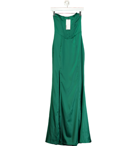 Club L Bottle Green Satin Strapless Corset Thigh Split Fishtail Maxi Dress UK 6