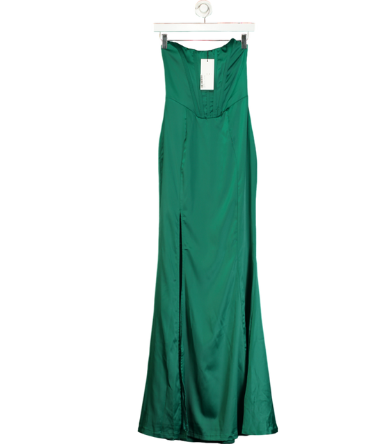 Club L Bottle Green Satin Strapless Corset Thigh Split Fishtail Maxi Dress UK 6