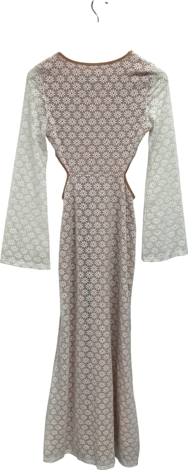 RNWY White Side Cut Out Lace Maxi Dress With Flared Sleeves UK S