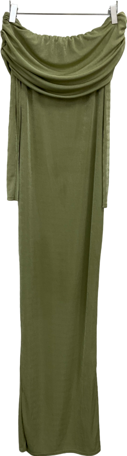 PrettyLittleThing Sage Green Acetate Slinky Bardot Long Sleeve Maxi Dress UK 10