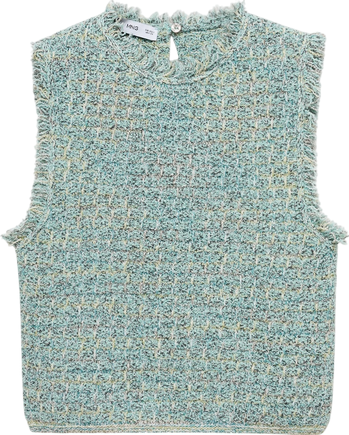 MANGO Blue Tweed Top With Frayed Detail UK M