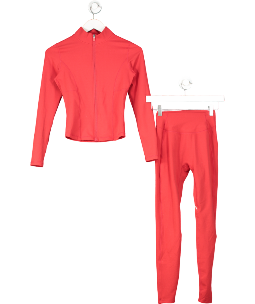 Bo + Tee Soft Active Zip-up Jacket With Sports Bra And Leggings In Hot Red UK S
