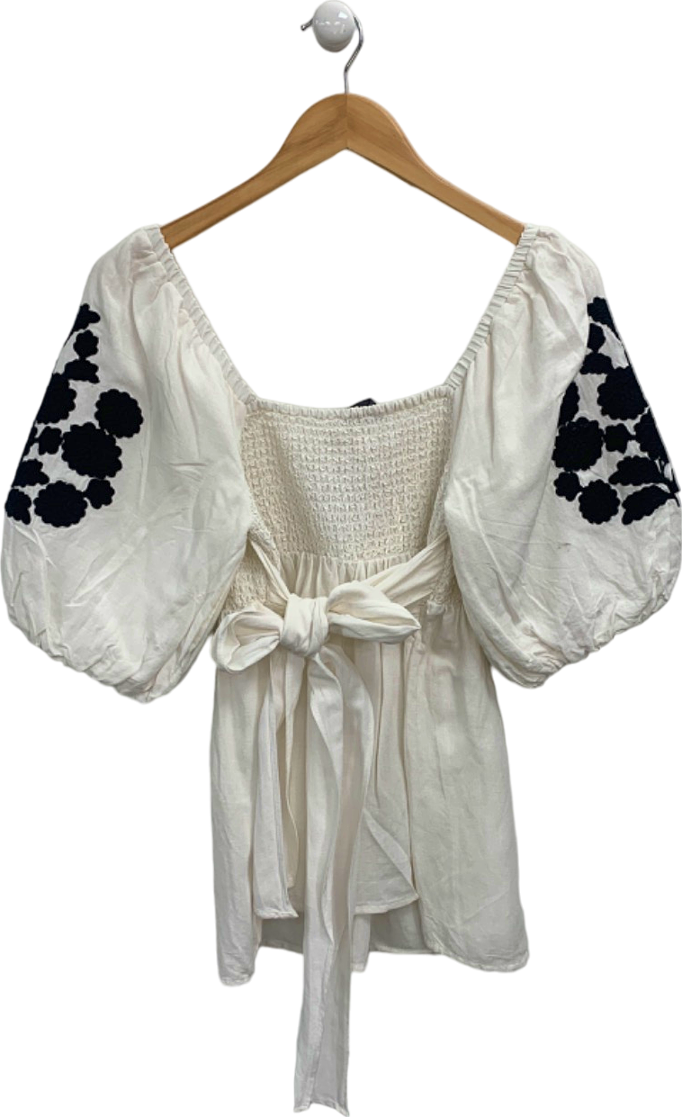 Mint Velvet White Smocked Embroidered Blouse UK M