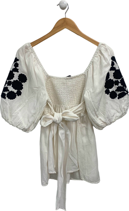 Mint Velvet White Smocked Embroidered Blouse UK M