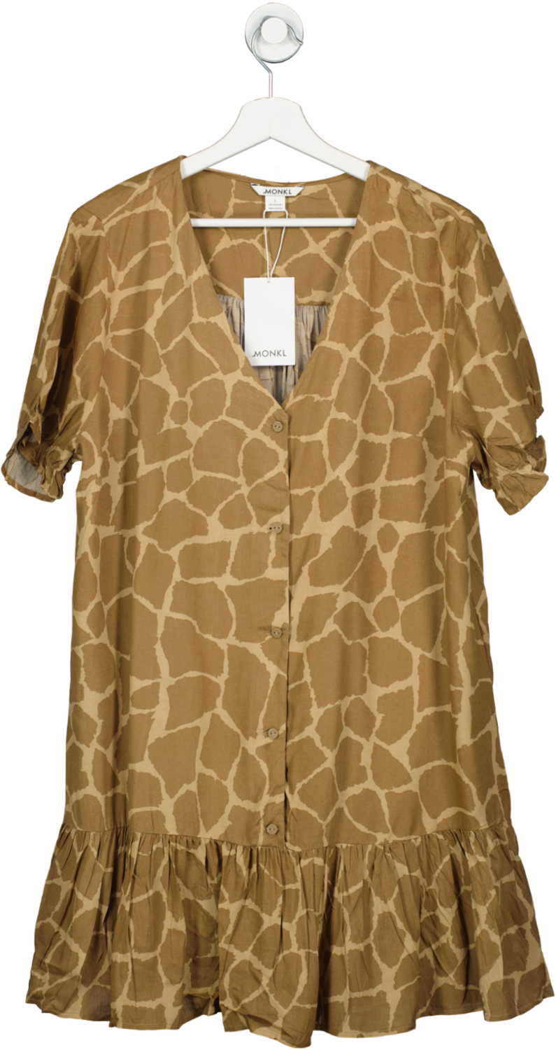 Monki Brown Giraffe Print Mini Flounce Dress BNWT UK L