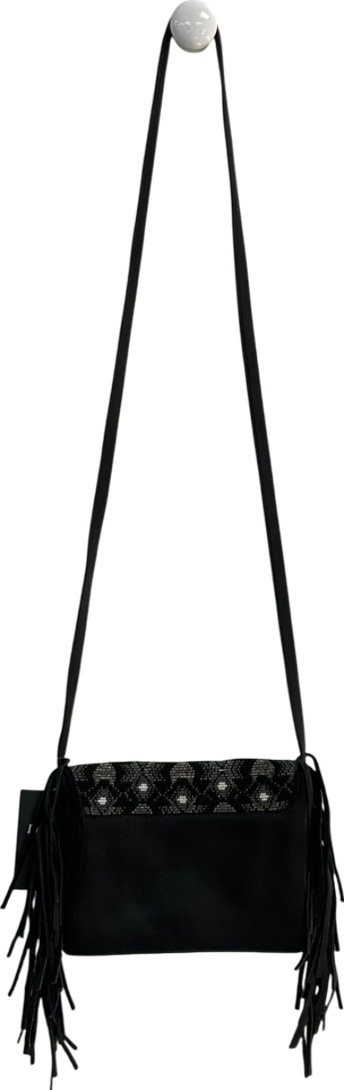 Berenice Black Beaded Leather Fringed Bag One Size