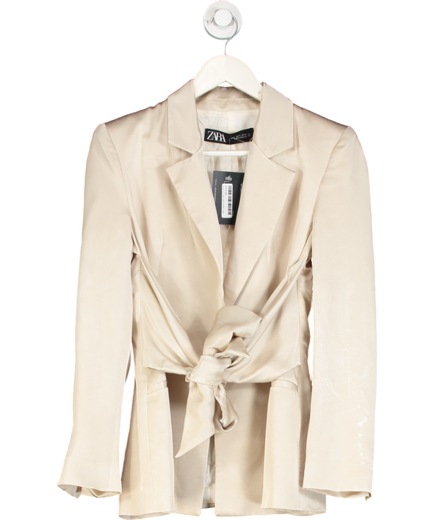 ZARA Nude Satin Blazer With Tie Detail Stone UK S