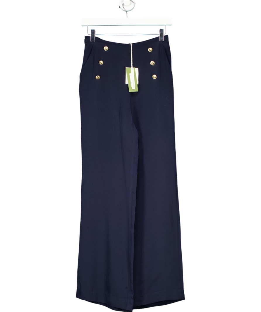 Lily Silk Blue Dubrovnik Button Front Wide Leg Silk Trousers UK 6